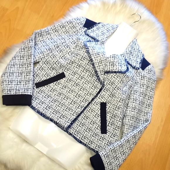 Chico's Moto Tweed Trim Detail Navy Jacket - Picture 8 of 15